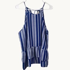EUC Womens Lily White Size L Blue White Striped Tank Blouse Tiered Nautical